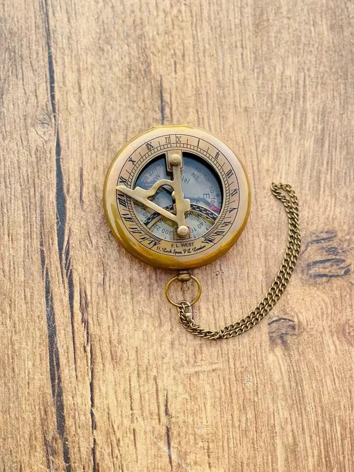 Brass Sundial Pocket Compass Nautical Direction Gadget with leather case
