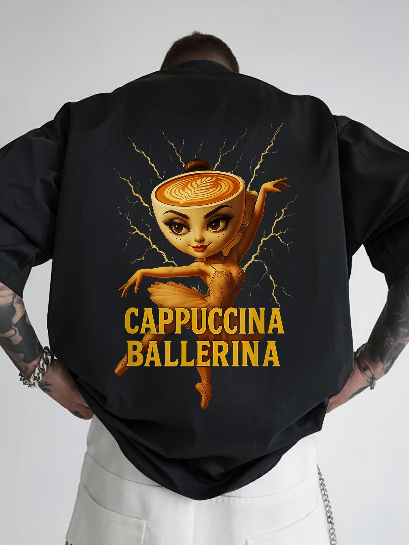 Casual Graphic T-shirt with Fun Cappuccina Ballerina Design - Black Short Sleeve S