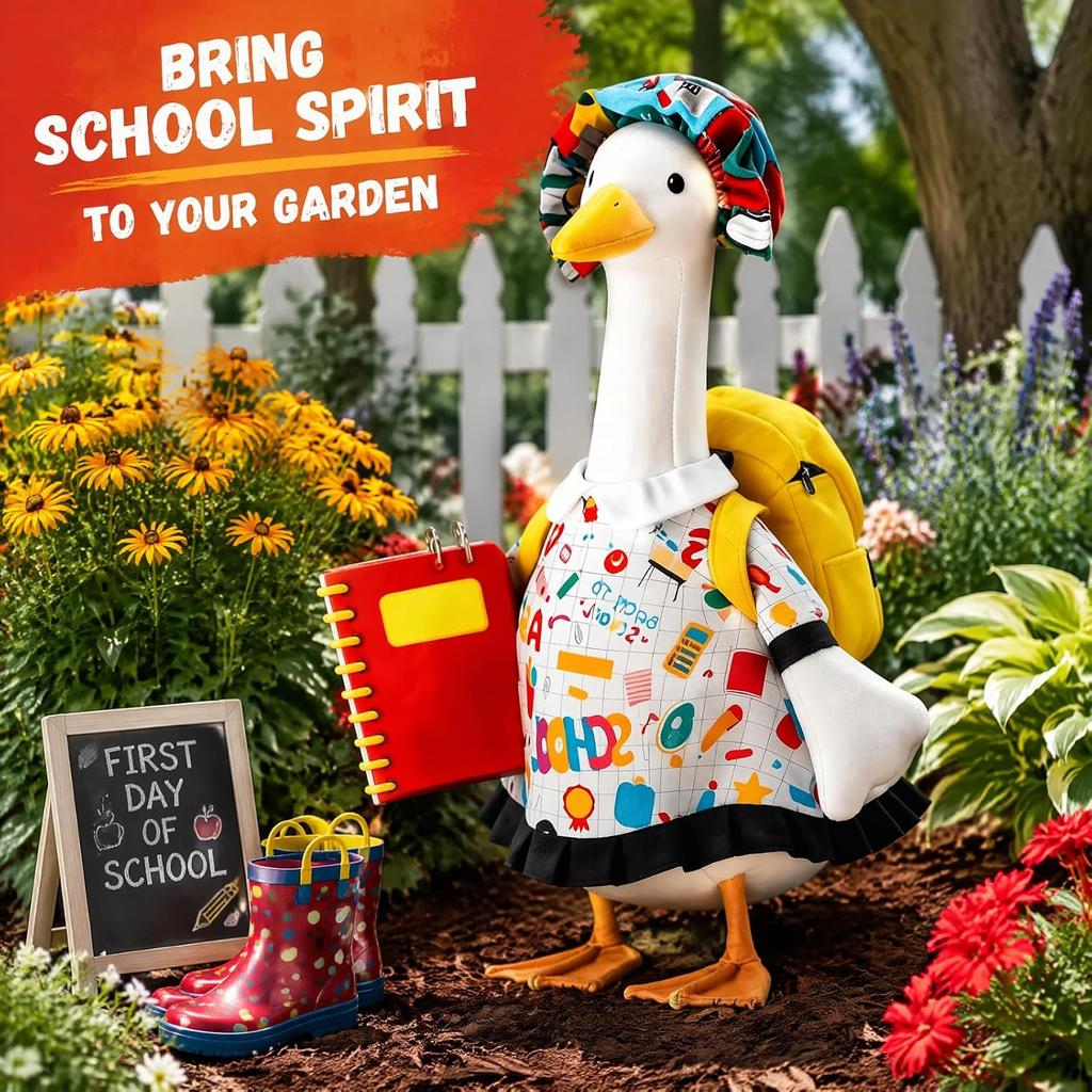 23-Inch Porch Goose Costume with Back to School Theme Printed Dress Hat Backpack Pencil Set for Outdoor Garden Yard Lawn Decoration