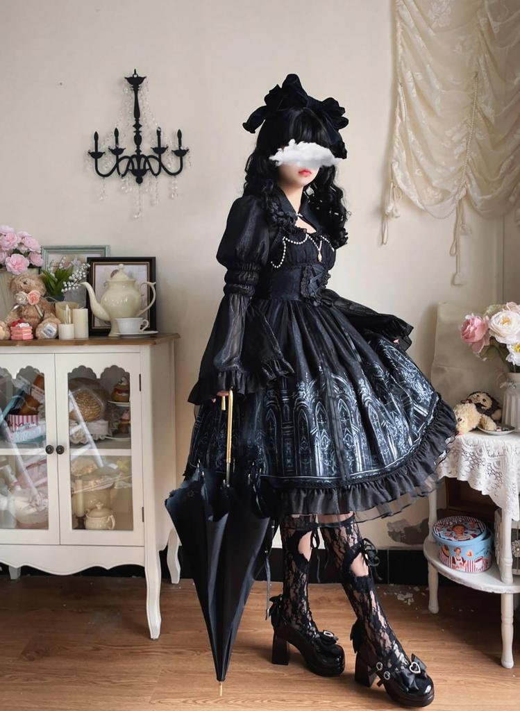 Gothic Lolita JSK Lolita Jumper Skirt with and Lace Up Sickly Princess Mori Princess Idol Size M [XHSUKADO] 2-Piece Cape, Ribbon, Dress, Women's