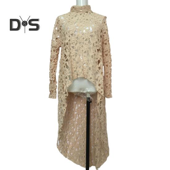 Women Long Top Cutout Irregular Crochet Lace Floral Patchwork See-through Short Front And Long Back Blouse Half-High Collar Long Sleeve Dress