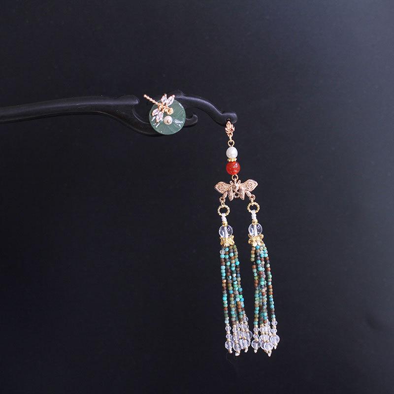 

Turquoise Embroidered Tassel Lotus Leaf Hairpin Hanfu Headdress New Chinese Style ебеновий