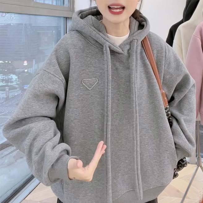 

Women s 2025 Winter Gray Hooded Sweatshirt - Korean-Style, Velvet, Loose Fit L