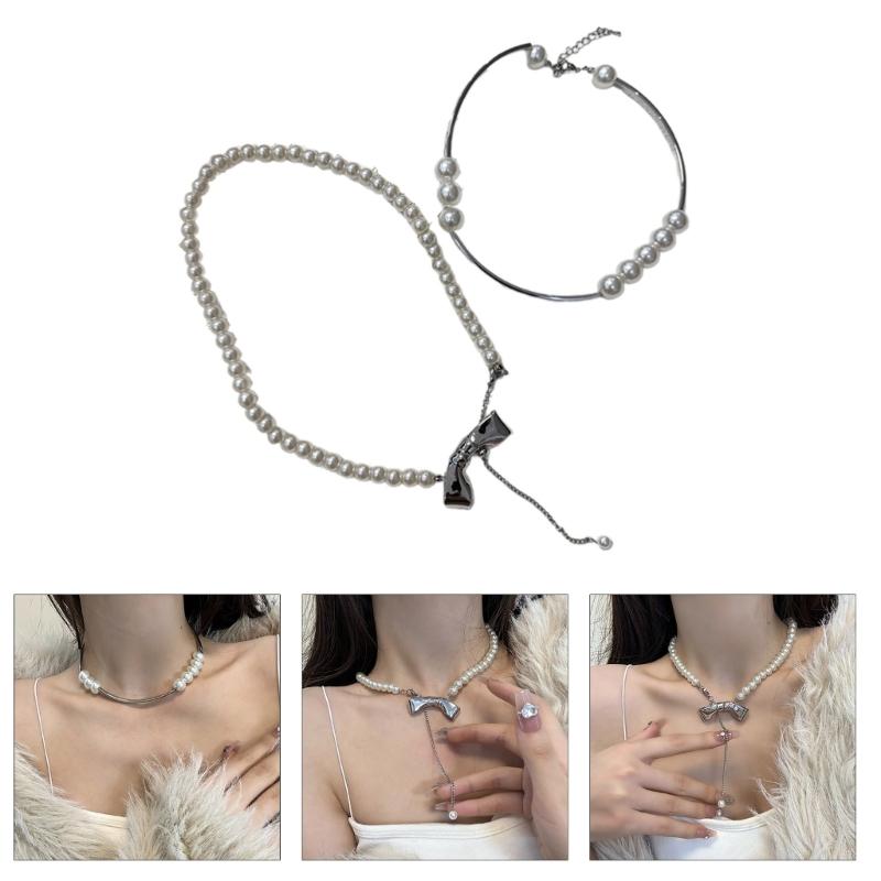 Fashion Elegant Metal Bowknot Tassels Necklace Pearl Beaded Clavicle Chain Choker Necklace Statement Jewelry Neck Chain