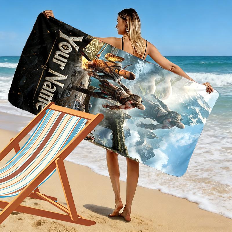 Name Custom Kratos God of War Print Beach Towel, Large Soft Quick Dry Towel for Beach Camping Swimming