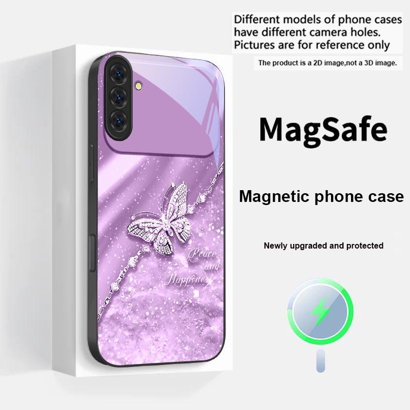 An Elegant Blue Butterfly For Samsung S25 S25 Edge S25Ultra S8 9 10 20 S21 Pro 22 Plus S23 FE S24 Ultra Magsafe Glass Phone Case