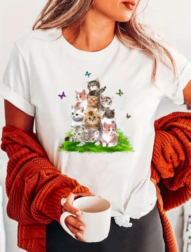 Mode Frauen süße spielende Katze Schmetterling Print T Shirt lustige lässig O-Ausschnitt kurze Ärmel T-Shirt Sommer weibliche T-Shirt