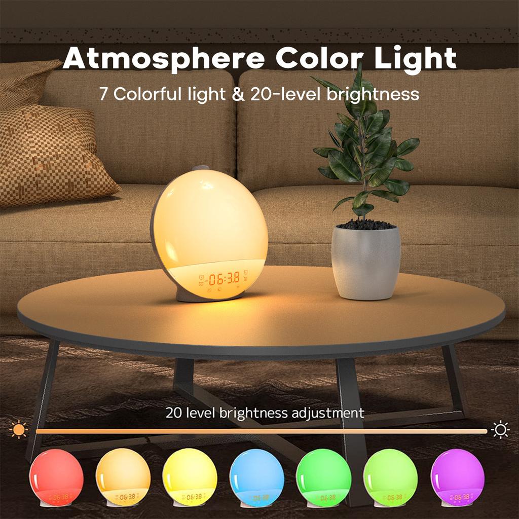 Sunrise Simulation Alarm Clock Wake Up Light 7 Natural Sounds 8 Sleep Music FM Radio Dual Alarms Snooze Colorful RGB Ambient Light