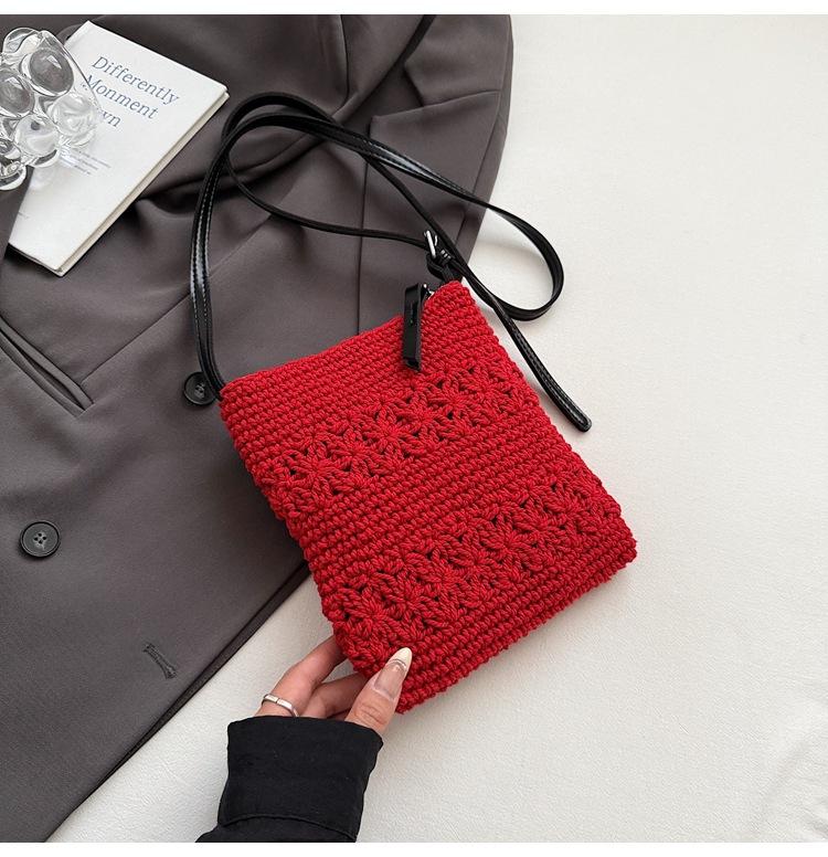 2025 wax rope woven bag hollow straw bag vacation style fashion shoulder messenger bag small bag mobile phone beach bag women