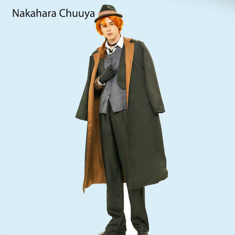 Anime Cosplay Bsd Black Long Coat Suit Outfits With Hat For Halloween Nakahara Chuuya Cosplay Costume