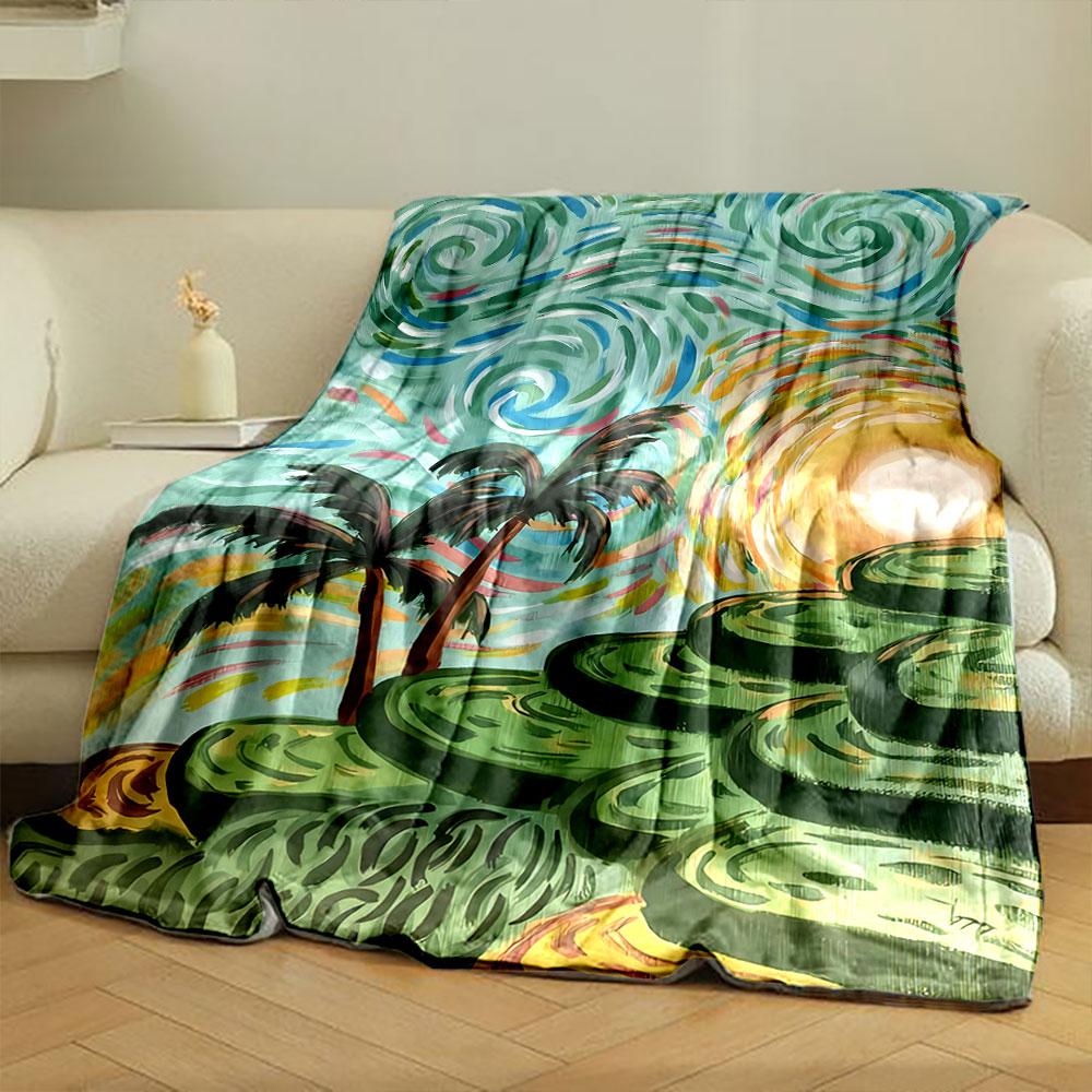 Swirling Brushstrokes with Palm Trees, Sun, and Tiered Green Hills. for All Seasons Blanket Lunch Break Throw Gift