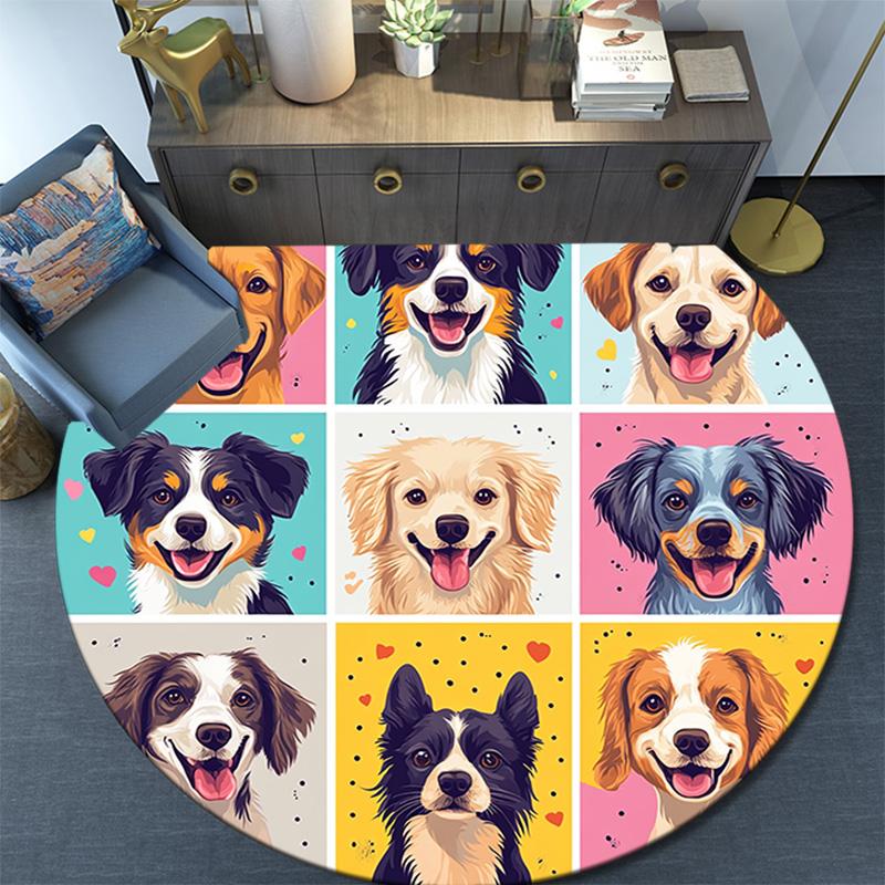 Happy Dog Round Area Rug,Carpet Rug for Living Room Bedroom Sofa Playroom Decor,Non-slip Floor Mat