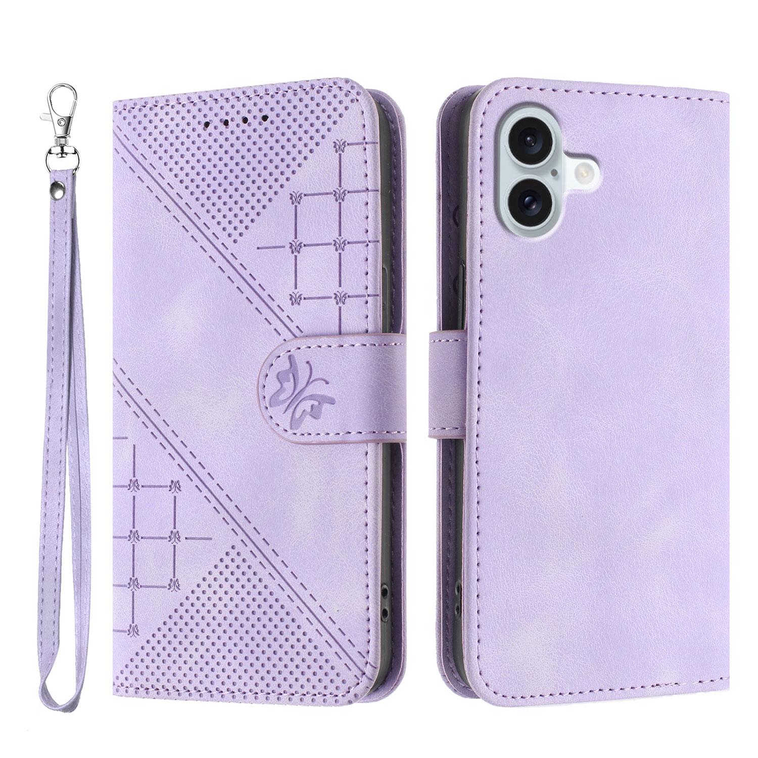 

For iPhone 16 Plus Leather Wallet Case Butterfly Flower Imprinted Phone Cover with Strap A