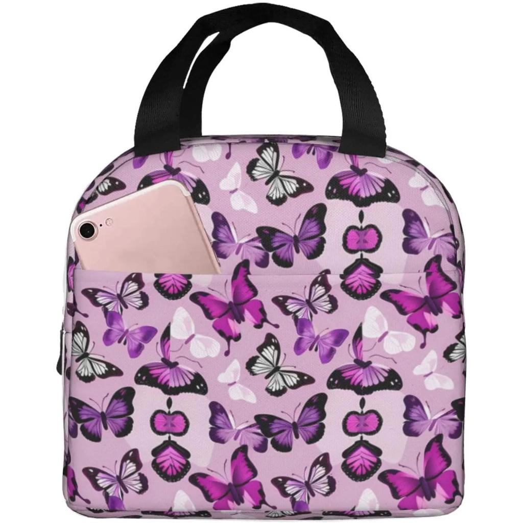 Beautiful Insect Purple Butterfly Insulated Lunch Bag Thermal Freezable lunch Tote Waterproof Bento Lu nch Box Women Men Lunc h