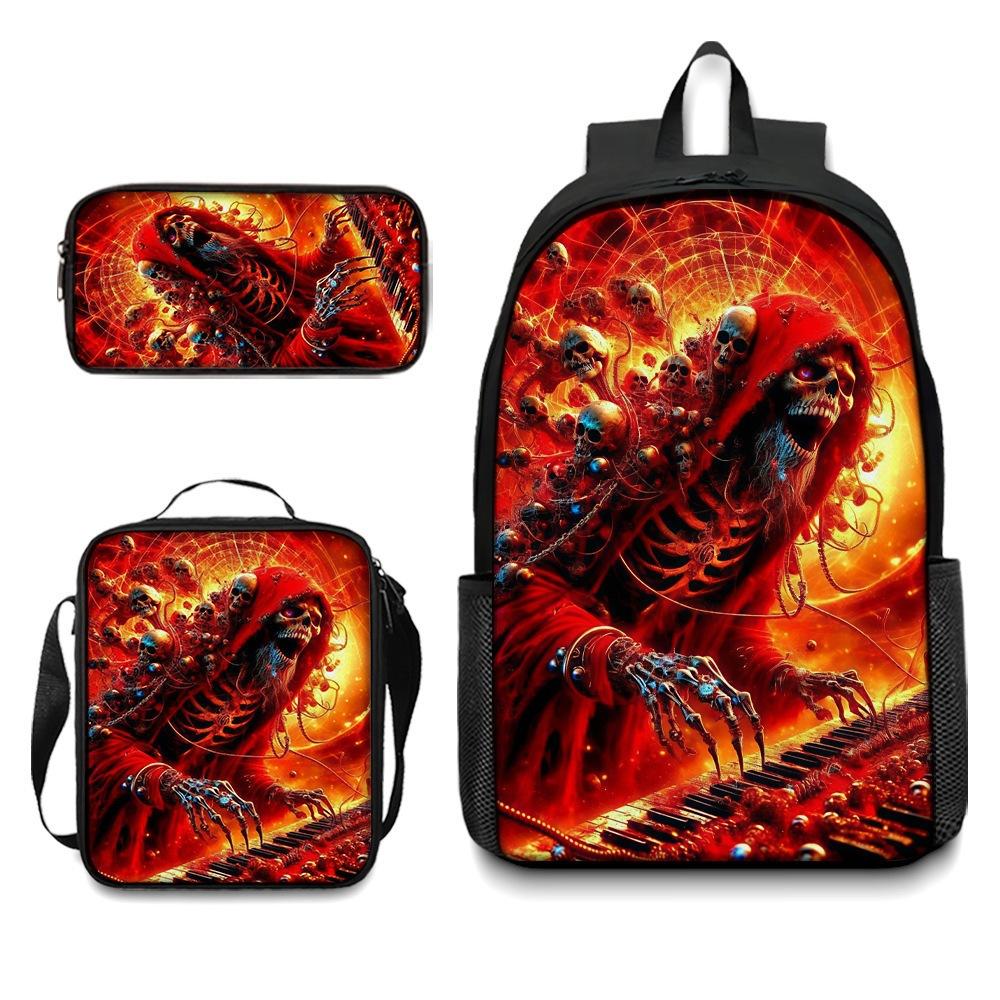 Skull Student Backpack Set Fashion Double Shoulder Bag Crossbody Bag Pencil Case Trendy Accessories Multifunctional School Bag