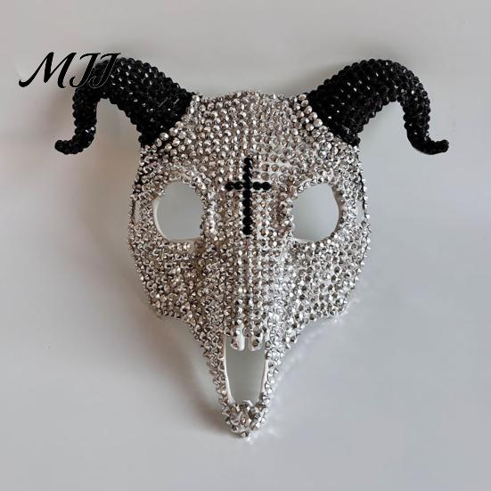 Full Face Rhinestone Mask Halloween Mask, Black White Skull Ram Horn Sparkling Masquerade Sparkly Crystal Glitter Party for Adults