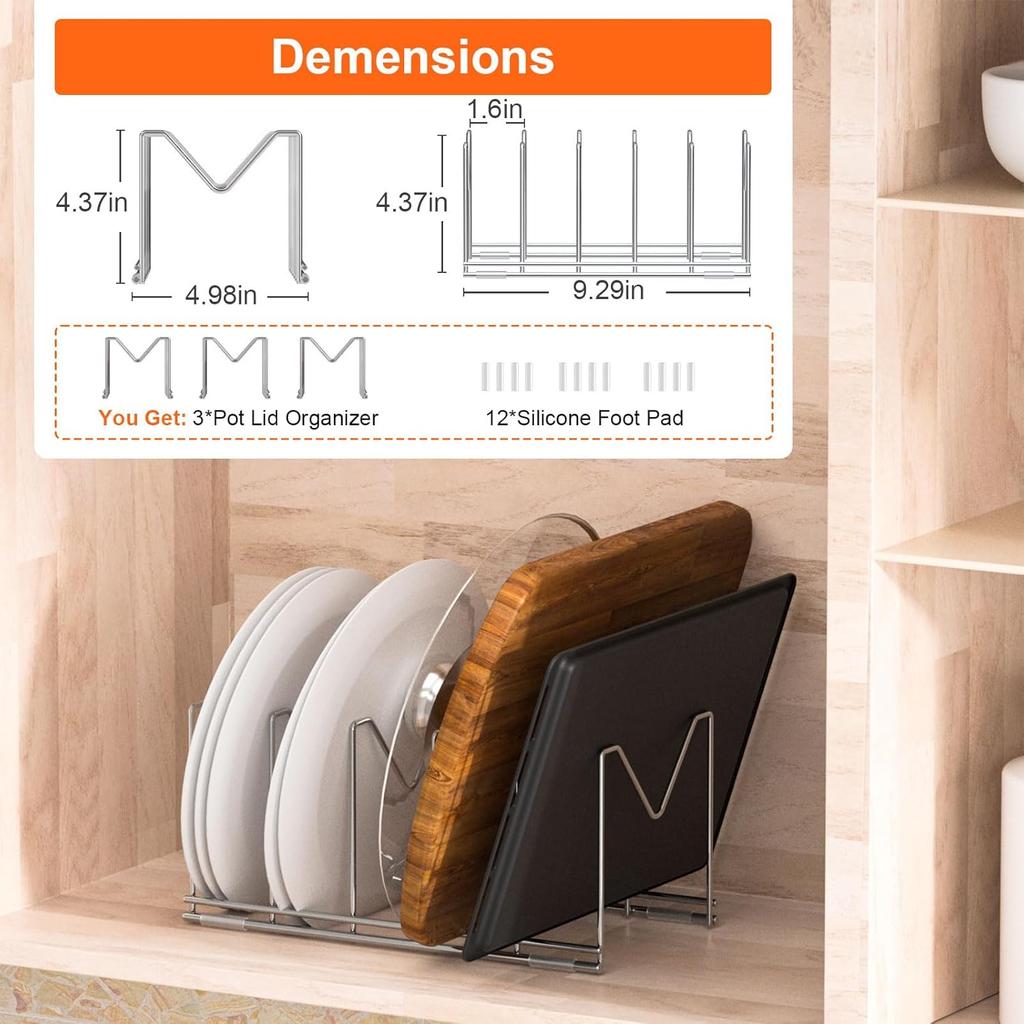 3 Pack Pot Lid Organizer for Cabinet, Stainless Steel Pot Lid Rack with Anti-slip Pad, Lid Holder for Pans Pots, Bakeware, Plates, Cookie Sheets,