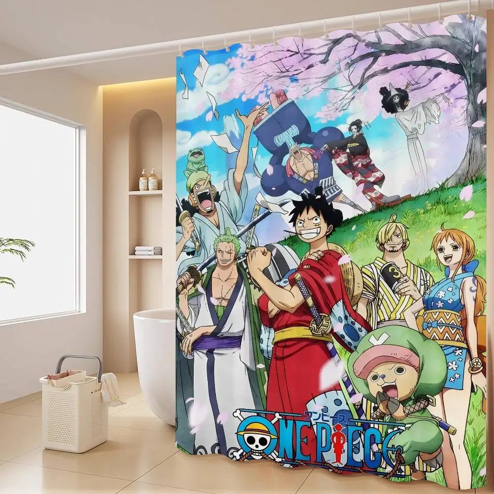 Anime O-ONE P-PIECE Shower Curtain Outdoor Scenery Summer Vacation Bathroom Decor Holiday Polyester Bath Curtain With Hooks