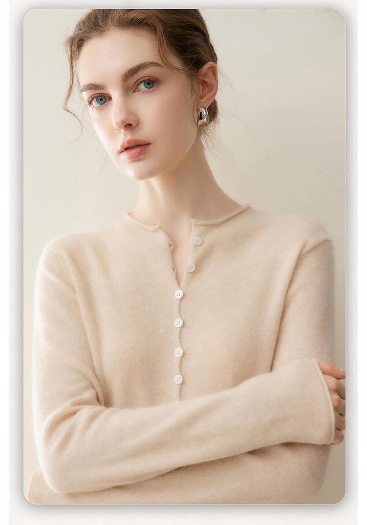 Women's 100% Cashmere Cardigan - Autumn/Winter Rolled Edge, Round Neck Buttoned Knit Sweater Coat