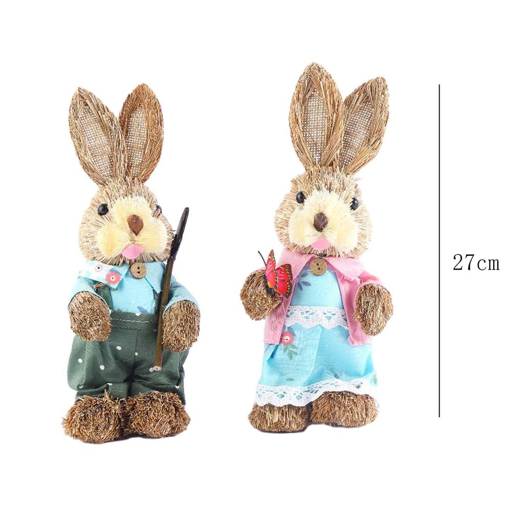 2Pcs Easter Bunny Figurines Easter Decor Cartoon Cute Creative Straw Rabbit Statue for Tabletop Yard Patio Lawn Bookshelf