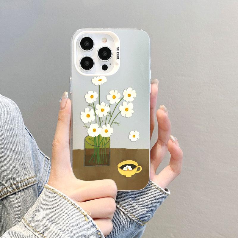 Vintage Art Hand Drawn Flowers Laser Phone Case For iPhone 17 16 Pro Max 15 14 Pro Max Plus 13 Mini 12 11 Pro Max Cover Fundas