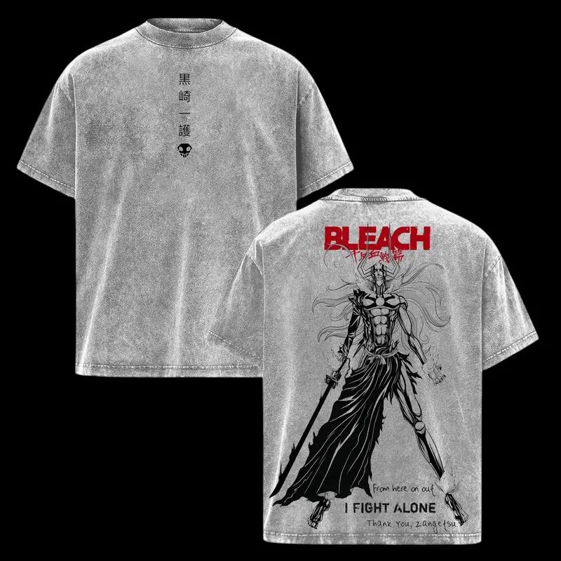 Japanese Manga BLEACH Kurosaki Ichigo T Shirt Gothic Washed Oversized T-shirt For Men's Unisex Clothing Short Sleeve Cotton Tees