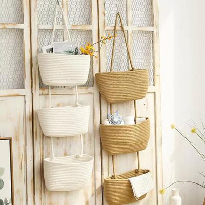 Rope Woven Storage Basket Boho Foldable Washable Hanging Baskets Multi-Tier Wall Mounted Organizer for Kitchen Produce Nursery Decor