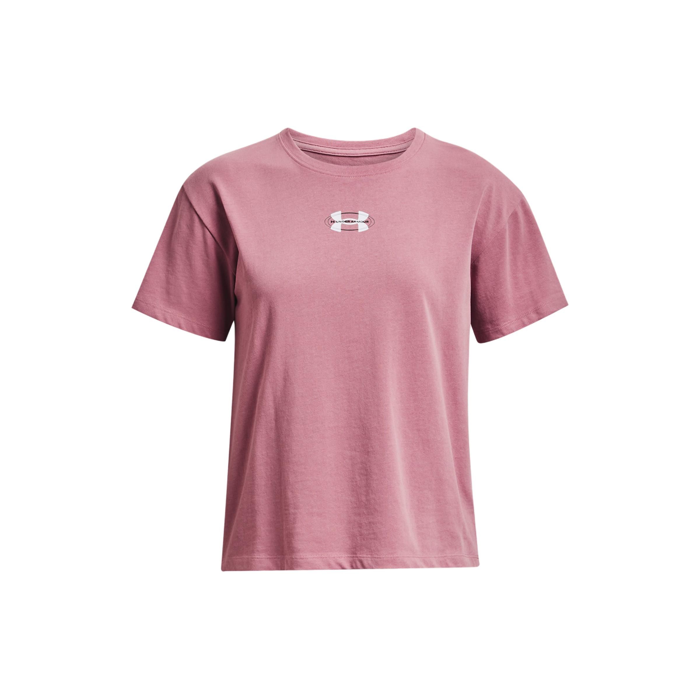 

Under Armour Crest Letter Print Round Neck Drop Shoulder Short Sleeve T-Shirt Women T-Shirts Pink 1379391-697