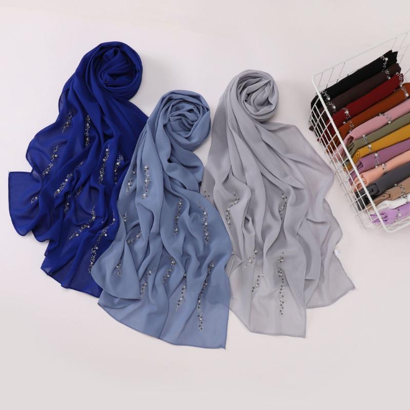 Chiffon Long Scarf With Rhinestones Beads Ethnic Headscarf For Women