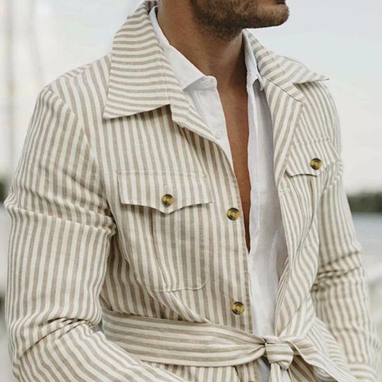Herrenmantel Vintage Umlegekragen Einreiher Streifen Herbsthemd für den täglichen Gebrauch