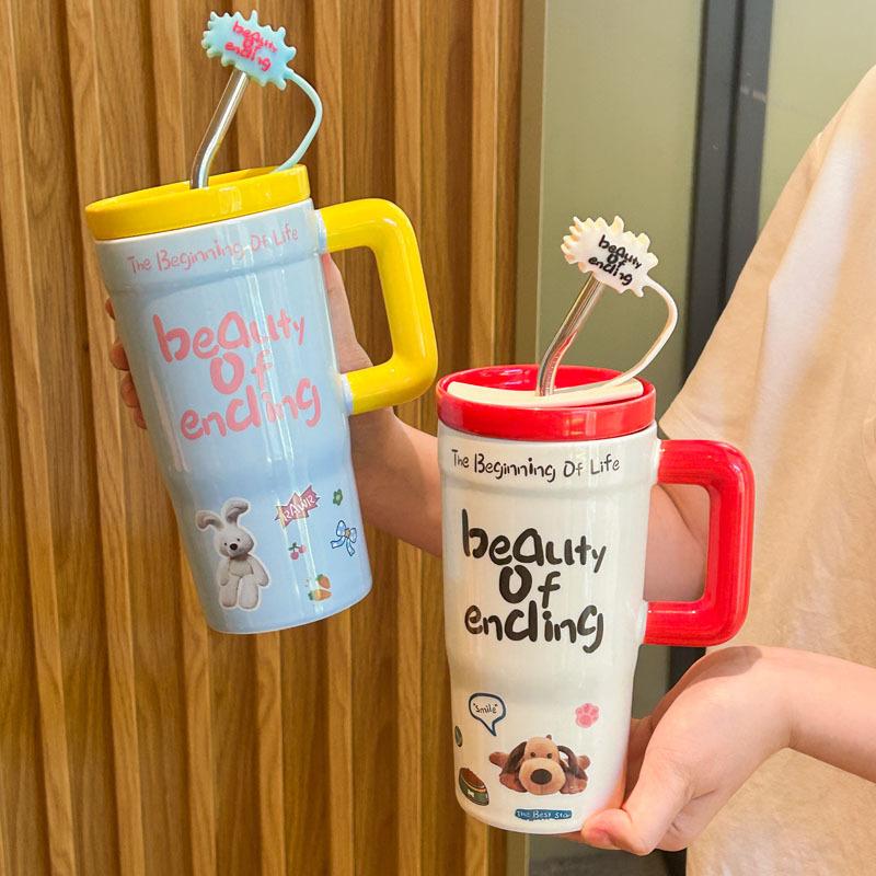 Cute Large-capacity Straw Water Cup, Women's High-value Ceramic Mug, Birthday Gift for Girlfriends, Practical Souvenir