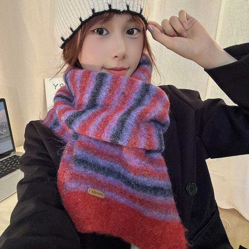 Luochi 2024 Women's Striped Wool Scarf - High-End Winter Fashion for Students