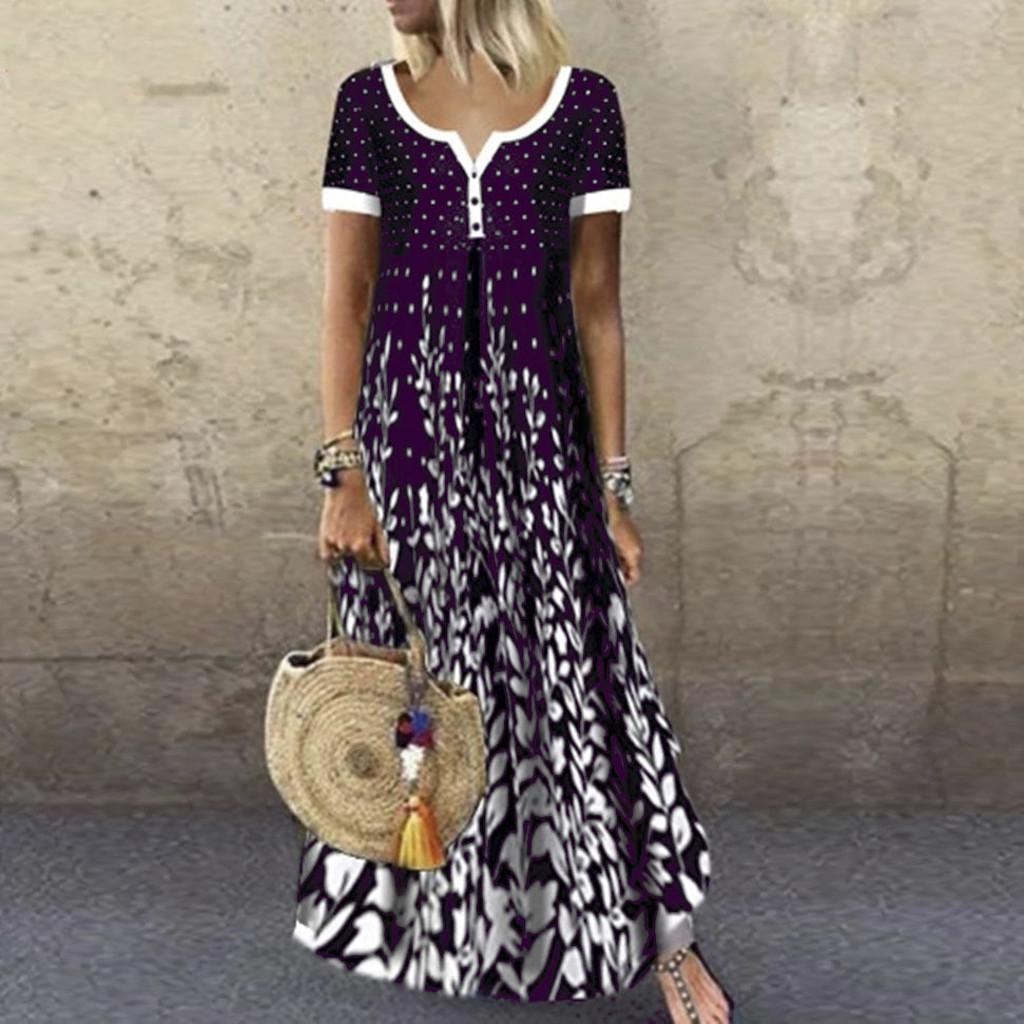 Fashion Women Loose Contrast Print Short Sleeves V-Neck Casual Long Dress