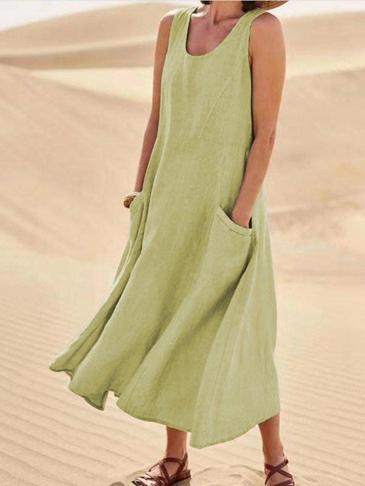 Wish2025 Summer Women's Sleeveless Cotton Linen Dress - European & American Style with Pockets