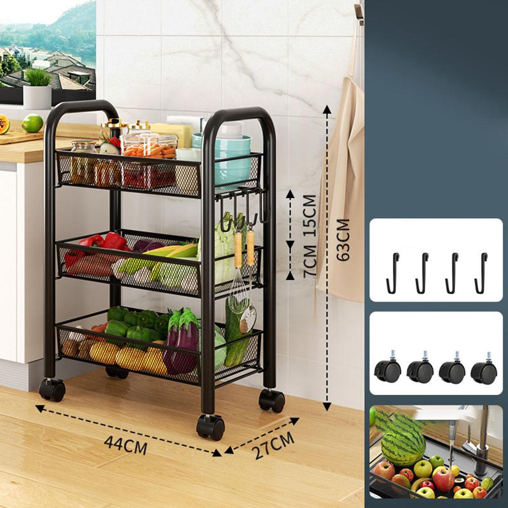 Rolling Storage Cart Layered Storage Shelves Multi Functional Movable Snack Vegetable Baskets Kitchen Shelves Black