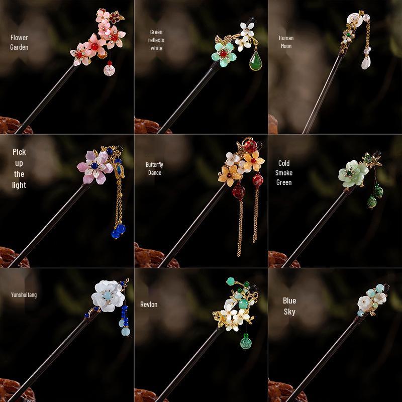 

Traditional Hanfu Wooden Hairpin with Tassels and Step-Shake Design
