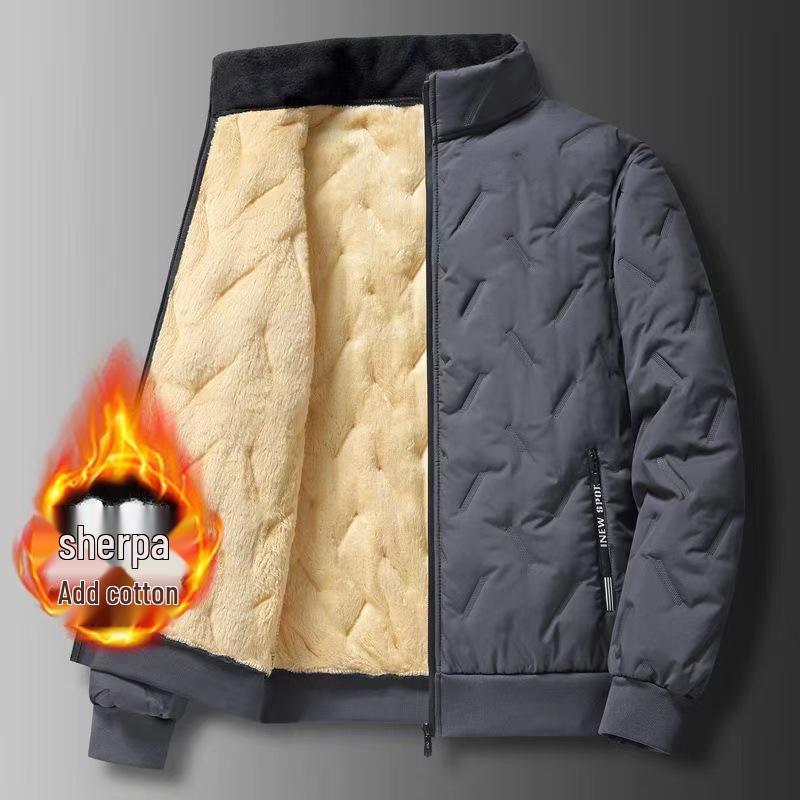 Men's Windproof Lambskin Cotton Winter Coat with Velvet, Thick, Loose Fit, Stand Collar, Large Size.