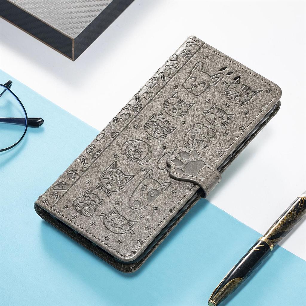 iPhone 16 Flip Leather Case - PU Embossed Cat Dog Design - Compatible with Apple 15