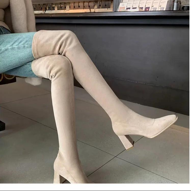 Black Khaki Over The Knee Boots Women's Thigh High Boot Elastic Autumn Winter Block Heels Tall Long Party Footwear Shoes Ladies