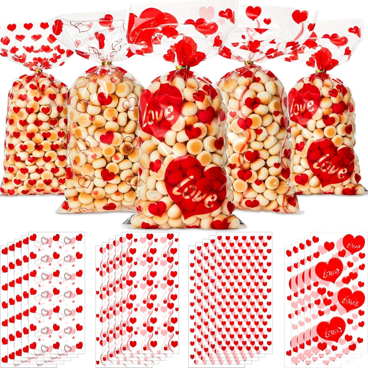 Zonon 200 Pcs Valentine s Day Cellophane Bags 4 Assorted Styles Valentines Treat Bags Cellophane Bags Valentines Candy Bags with 200 Pieces Twist