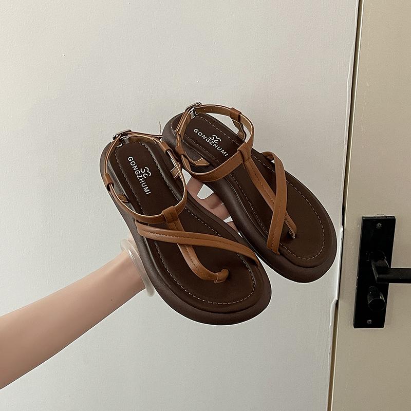 

New Summer Women Clip Toe Flats Sandals Concise Narrow Band Shoes Ladies Comfort Soft Sole Gladiator Sandalias 35 коричневый