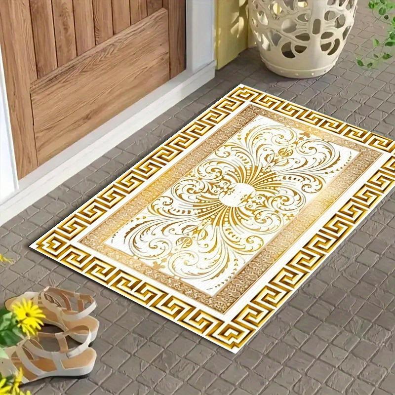 Gold White Greek Key Scroll Print Carpet Plush Flannel Rug Entryway Living Room Home Decor Area Rug Non Slip Floor Mat