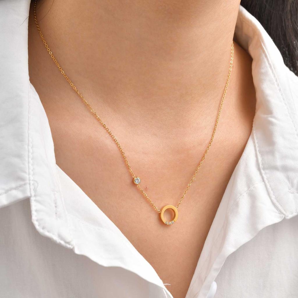 Shiny Round Ring Zircon Necklace for Women,18K Gold Plated Stainless Steel Rolo Chain Necklaces,Trendy Jewelry Gifts