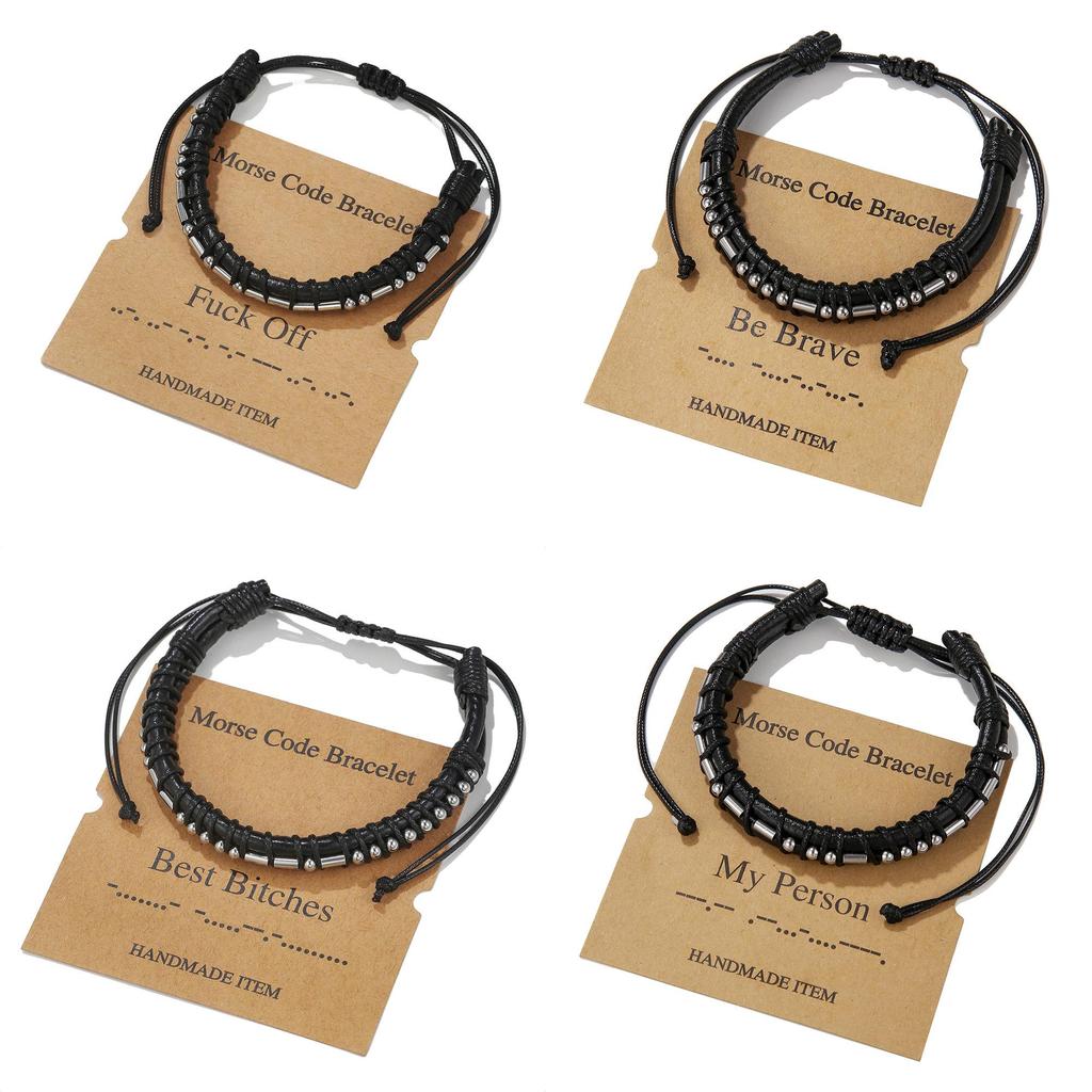 Morse-Code Lederarmband mit Edelstahl-Anhängern für Paare und als Geschenk