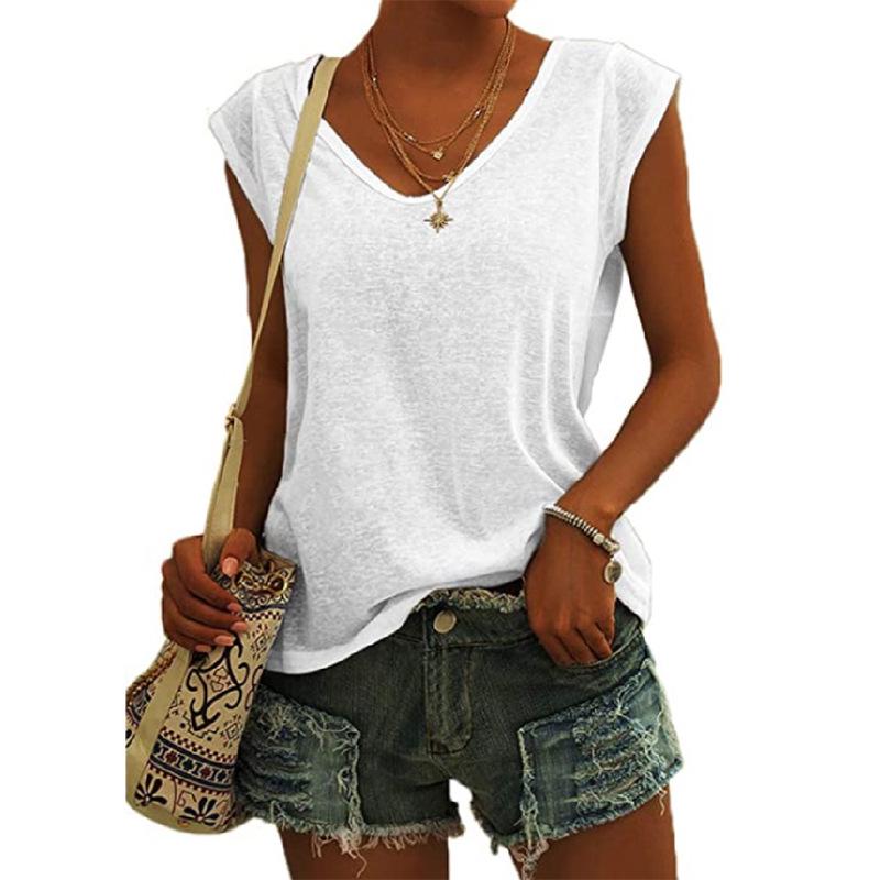 

2023 Женская однотонная футболка с V-образным вырезом, короткими рукавами и свободного кроя из хлопка Small белый