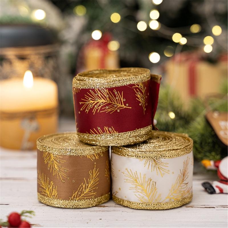 5Meters Glittering Powder Leaf Christmas Ribbon Festival Gifts Wrapping for Holiday Gifts and Christmas Tree Decoration