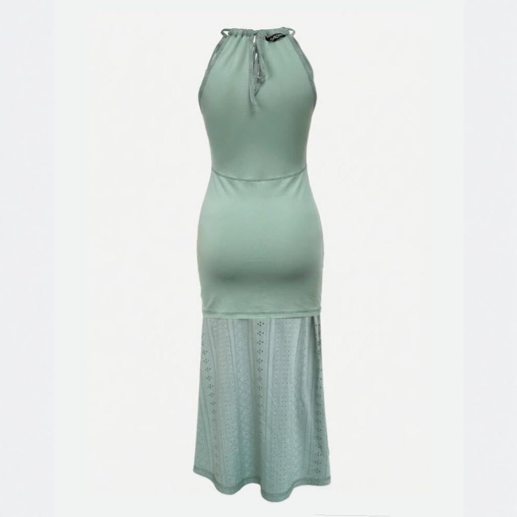 Damen ärmelloses Freizeitkleid Neckholder-Ausschnitt Midi-Länge geschlitzter Saum Sommer-Outfit Leichter Stoff Bequeme Passform
