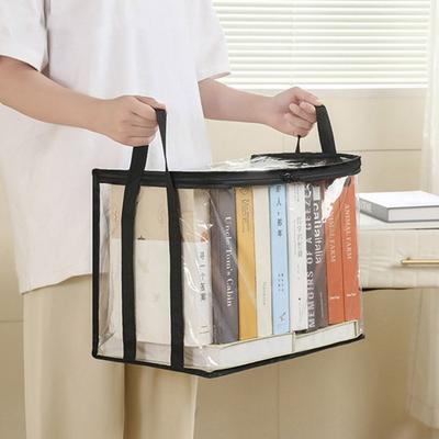 Bolsa Portátil com Zíper para Armazenamento de Gibis Empilhável Transparente com Alça à Prova de Poeira Dobrável para Estudante