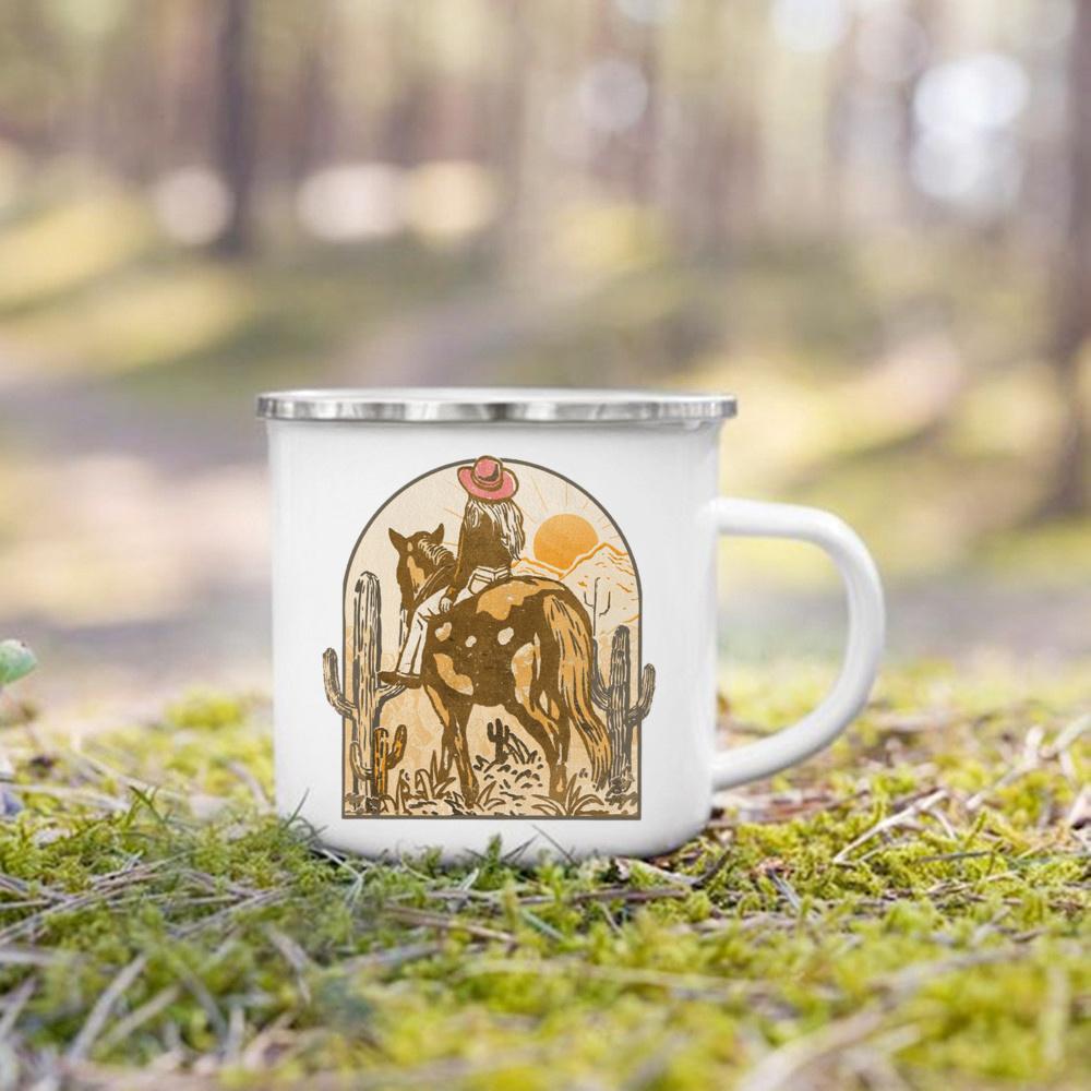 West Cowboy Printed Camper Mugs Camping Enamel Mug Adventure Campfire Party Beer Juice Cup Gifts for Camper Best Gift for He Her