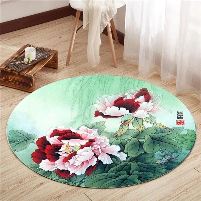Lotus and Peony Pattern Round Carpet, Living Room Decorative Mat, Bedroom Foot Mat, Chinese Style Retro, Non-slip Chair Mat